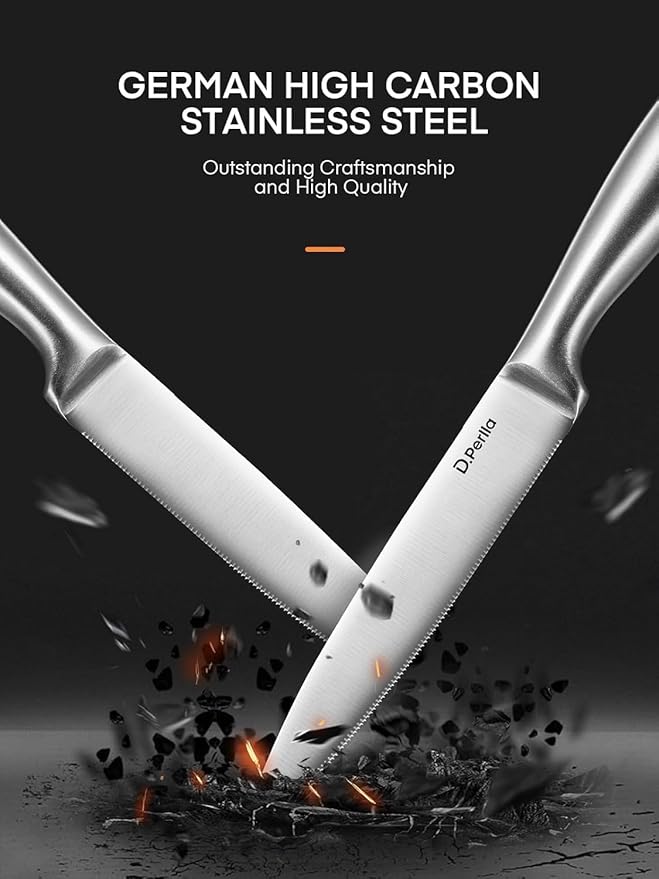 D.Perlla Steak Knives 12 Pieces Micro Serrated Steak Knife Set High Carbon Stainless Steel Steak Knives Set, Elegant Sharp Kitchen Steak Knife Set, Silver