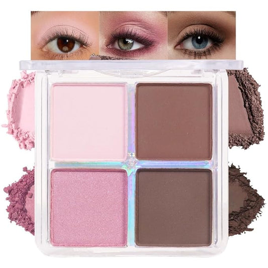 Powder Eyeshadow Quad, Rose Pink Chocolate Brown Shimmer Eye Shadow Palette Makeup, Neutral Vegan Matte Quads Eye Shadow Palette for Older Women Pigmented Waterproof, paleta de sombras de ojos-BrightBean Baby