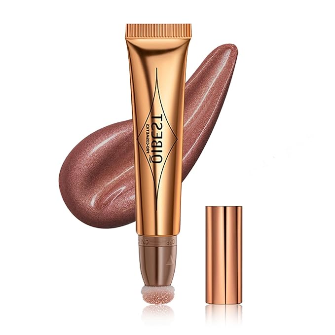 Highlighter Beauty Wand, Cream Liquid Highlighter Makeup Stick, Silky Smooth Face Shimmer Bronzer Stick with Cushion Applicator, Lightweight Body Face Glowing Highlighter, Cruelty-free（Rose Gold）-BrightBean Baby