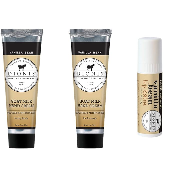 Dionis Goat Milk Hand Cream and Lip Balm 3 Piece Gift Set (Vanilla Bean, 3 Piece)-BrightBean Baby
