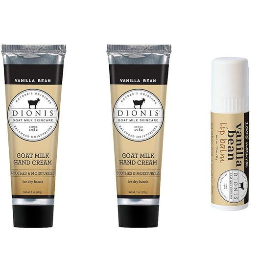 Dionis Goat Milk Hand Cream and Lip Balm 3 Piece Gift Set (Vanilla Bean, 3 Piece)-BrightBean Baby