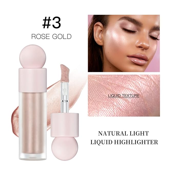 Liquid Highlighter Natural Glow For Face & Body, Waterproof Moisturizing Light Liquid Luminizer For Long Lasting Shimmer, Contour Highlighter Stick Easy to Apply with Cushion Applicator (#3 Rose gold)-BrightBean Baby