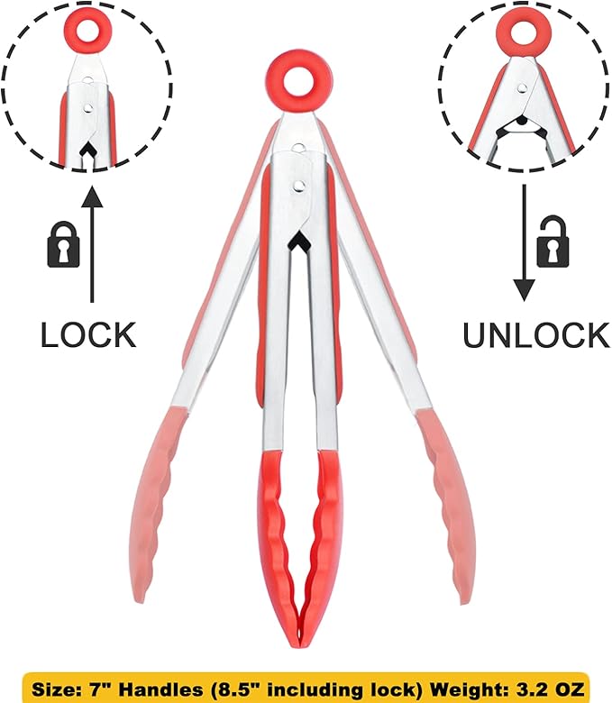 7-Inch Mini Silicone Tongs Small Serving Tongs for Appetizers, Set of 3 (Red)