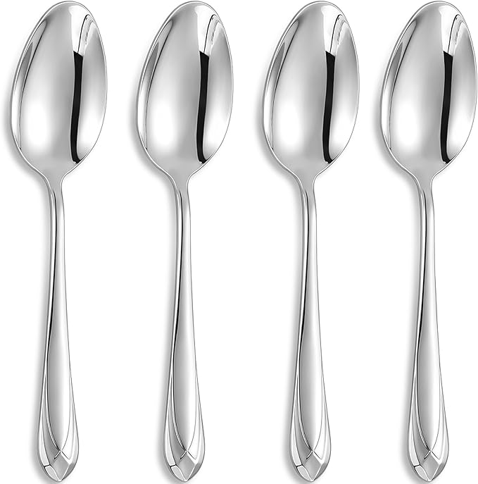 KEAWELL Premium Astra 4-Piece 9 inch Spoon Set – Mirror-Finished 18/10 Stainless Steel with Diamond-Faceted Handles Dishwasher Safe for Modern Dining (4, Serving Spoons)