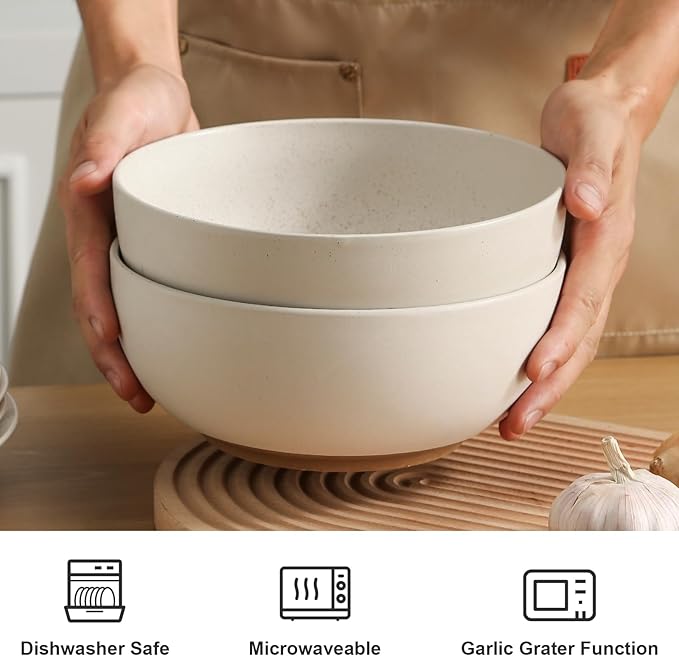 Ceramic Large Salad Bowls with Garlic Grater Function. White 60 OZ Salad Serving Bowl. Deep Bowl fit for Soup, Cereal, Ramen, Pasta, Salad.