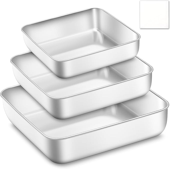 6,8,9 Inch Square Cake Pan Set of 3 - Non-Toxic Stainless Steel Brownie Pan, Heavy Duty & Dishwasher Safe, One Piece Design, Ideal Square Baking Pan for All Cakes & Multiple Purpose