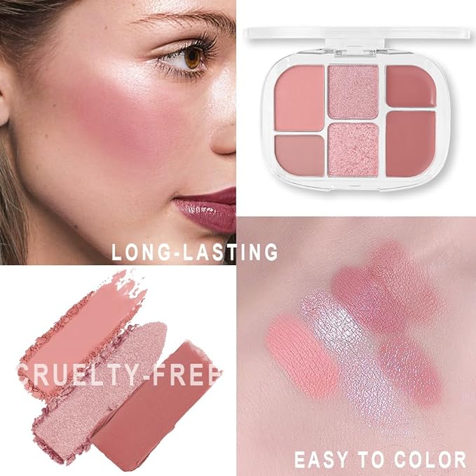 6-in-1 Cream & Powder Makeup Palette – Blush Highlighter & Eyeshadow, Matte & Shimmer Rose Nude Tones, Travel-Friendly Compact for Daily & Travel Use 02-BrightBean Baby