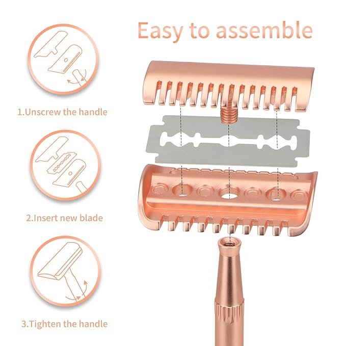 Matte Rose Gold Double Edge Safety Razor, Single Blade Razors for Women and Men, with 10 Stainless Steel Safety Razor Blades, Reusable, Smooth and Close Wet Shaving Kit, Plastic Free-BrightBean Baby