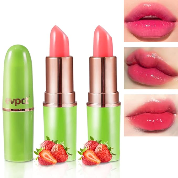 evpct 2Pcs Strawberry Color Changing Lipstick Tinted Lip Balm Gloss Stain Set Magic PH Color Changing Flower Lazy Korean Jelly Lipstick Makeup Set labiales mate 24 horas originales labial magico-BrightBean Baby