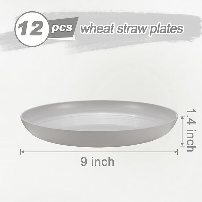 12 Pcs Unbreakable Deep Dinner Plates Set, 9 inch Reusable Plastic Wheat Straw Plates, Microwave and Dishwasher Safe Plate for Kitchen, Lightweight Plate for Dessert, BPA Free, White Gray