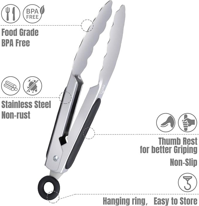 Hotec Mini Stainless Steel Kitchen Tongs for Cooking - 7-Inch Small Serving Tongs Metal Food Tongs Non-Slip Grip
