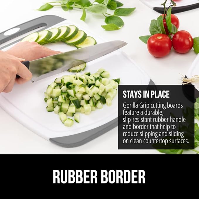 GORILLA GRIP BPA-Free Reversible Kitchen Cutting Board Set of 3, Nonporous, Juice Grooves to Catch Liquid, Slip Resistant Handle Border, Dishwasher Safe, Durable Large Food Chopping Boards, Gray