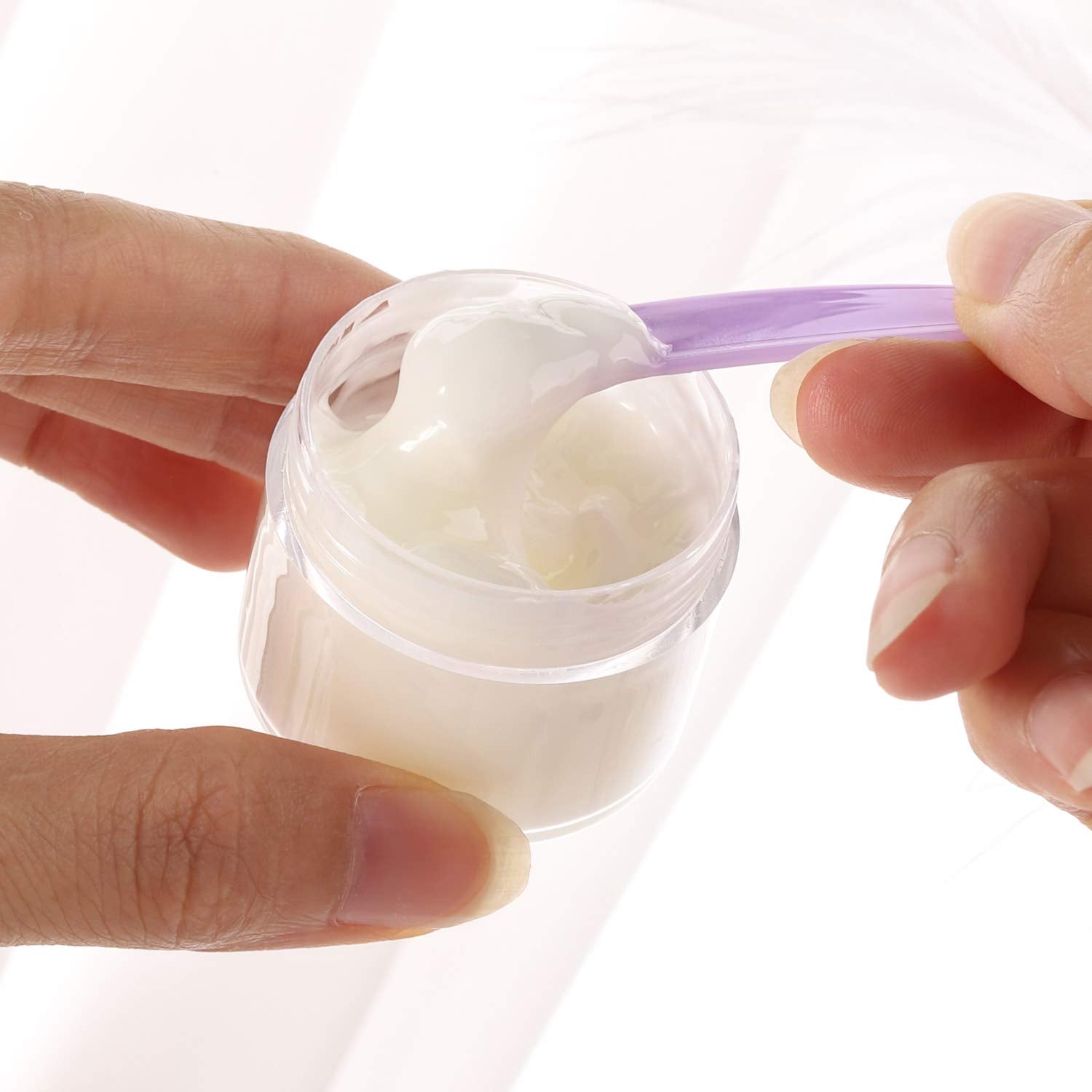 Refillable Cosmetic Sample Jars - 100 Pack 10g (0.35oz) Purple Small Travel Containers with Lids + 10 Mini Makeup Spatulas - BPA Free-BrightBean Baby