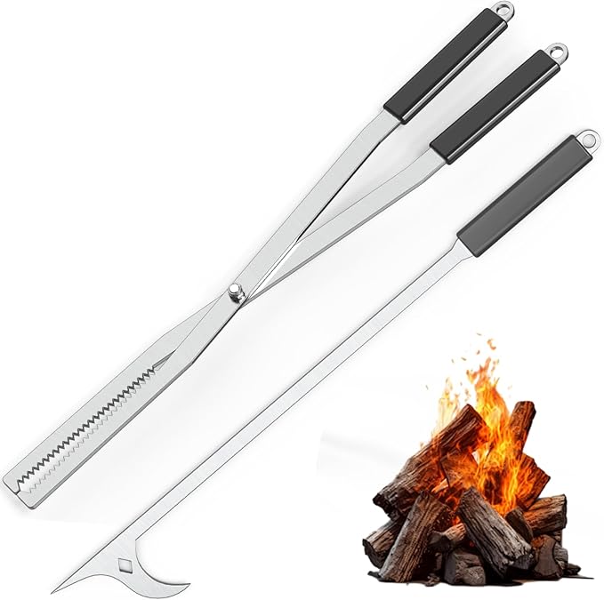 Heavy Duty Fire Tongs Firewood Grabber Tool with Scissor Shape Serrated, Bonfire, Campfire Fire Pit Log Claw Tongs (Silver)