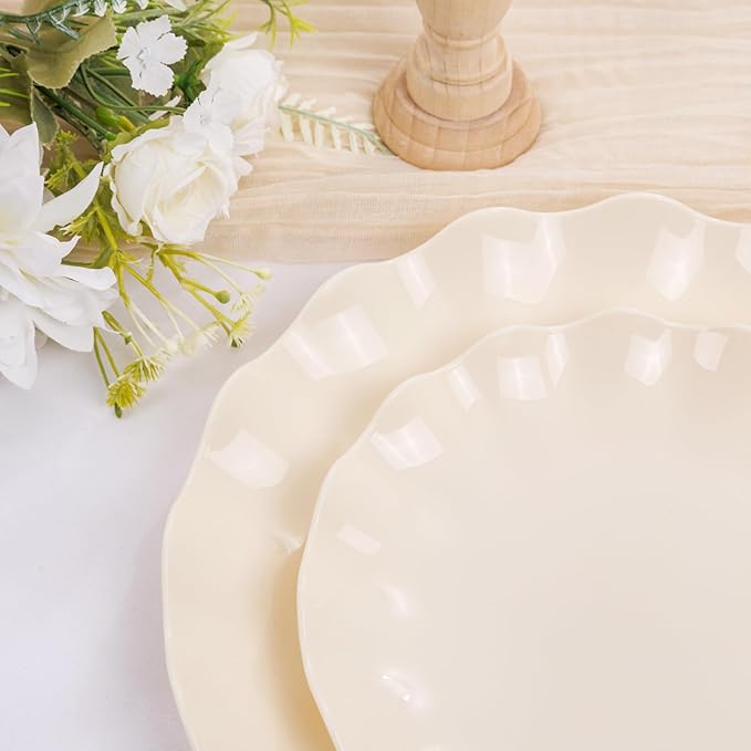 LIYH 24 Pcs Plastic Plates Reusable,Unbreakable Dinner Plates, Scalloped Plastic Plates, Dishwasher Safe,Ivory Plate Sets Perfect for Parties, Birthday, Picnics, BPA Free(12Guests)