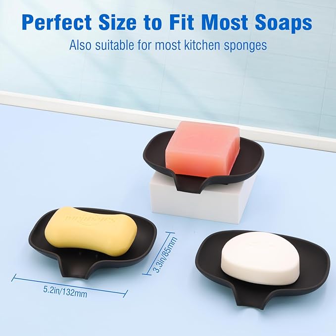 3 Pack Soap Dish, Soap Dishes for Bathroom, Shower, Silicone Soap Bar Holder, Soap Tray for Kitchen, BPA-Free, Dishwasher Safe (Black)
