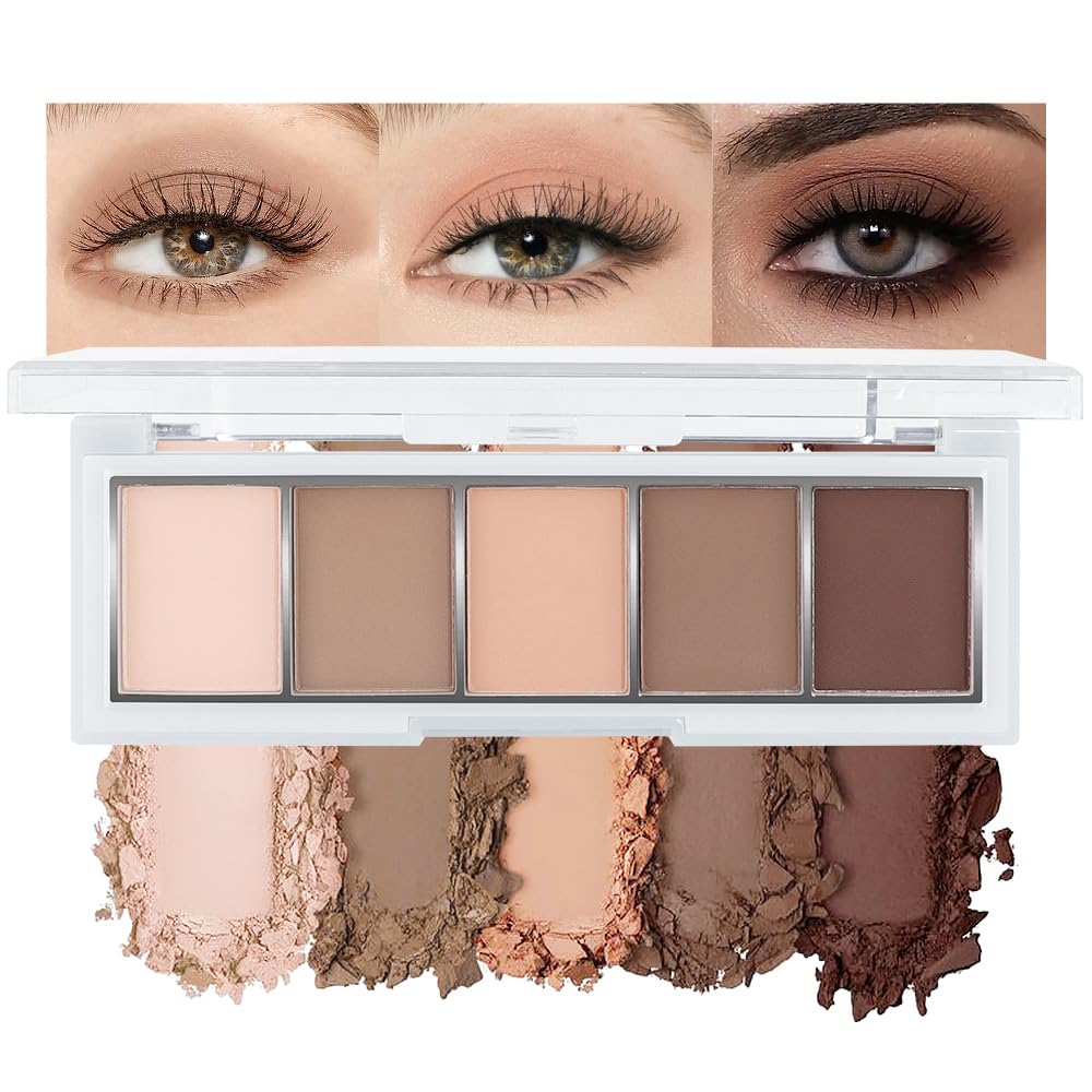 AMY'S DIARY Neutral Nude Brown Eyeshadow Palette Makeup, 5 Colors Cool-Toned Velvety Matte Finish, Nude Taupe Eye Shadows, for Brown Eyes Long Lasting Naturing-Looking (#01)-BrightBean Baby
