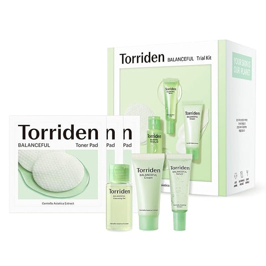 Torriden BALANCEFUL Cica Trial Kit, Gotu Kola Infused Daily Skincare Kit - 4 Step Regimen with Cleansing Gel, Toner Pad, Serum, and Cream | Vegan, Hypoallergenic Korean Skin Care-BrightBean Baby