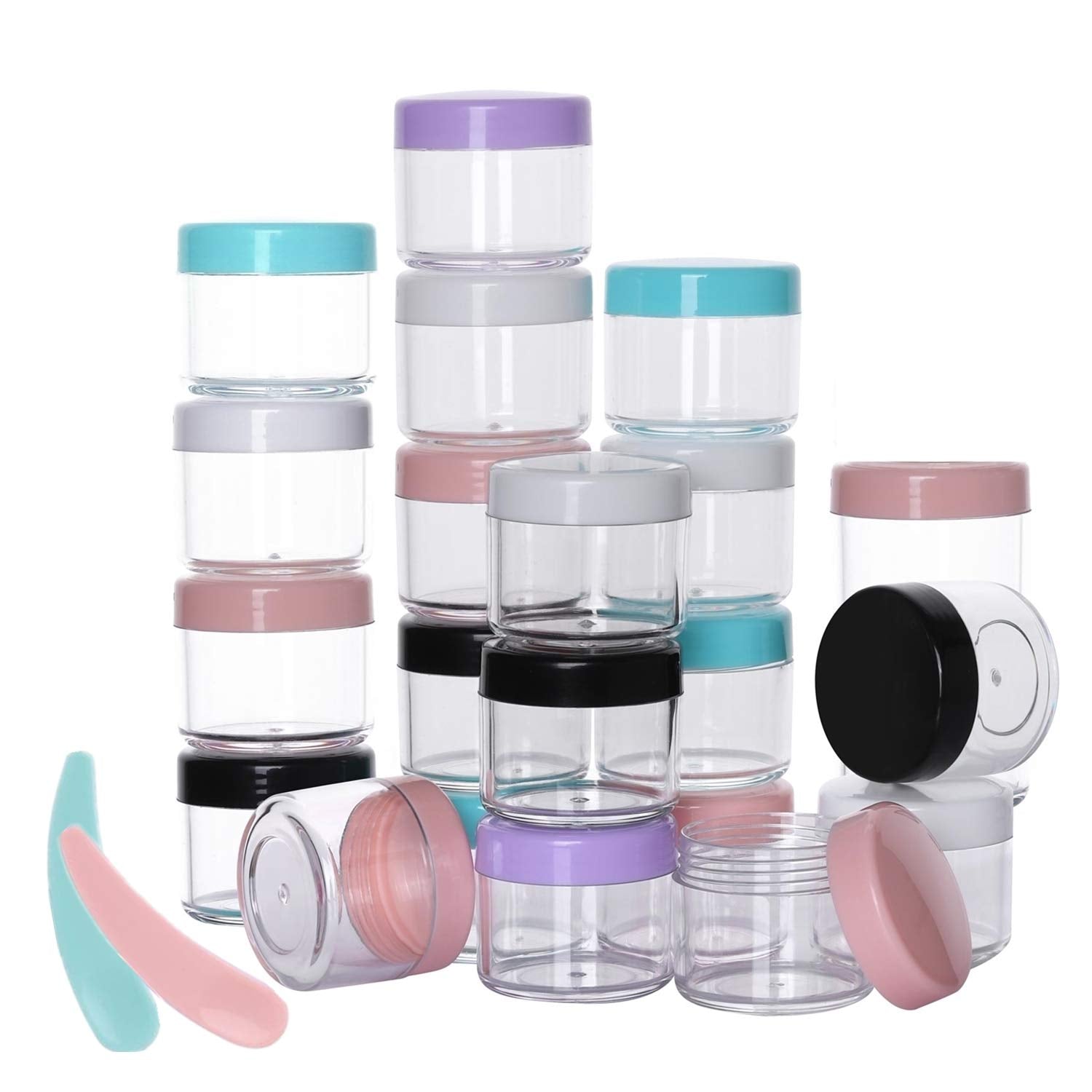 Refillable Cosmetic Sample Jars - 100 Pack 20g (0.7oz) Milti Color Small Travel Containers with Lids + 10 Mini Makeup Spatulas - BPA Free-BrightBean Baby
