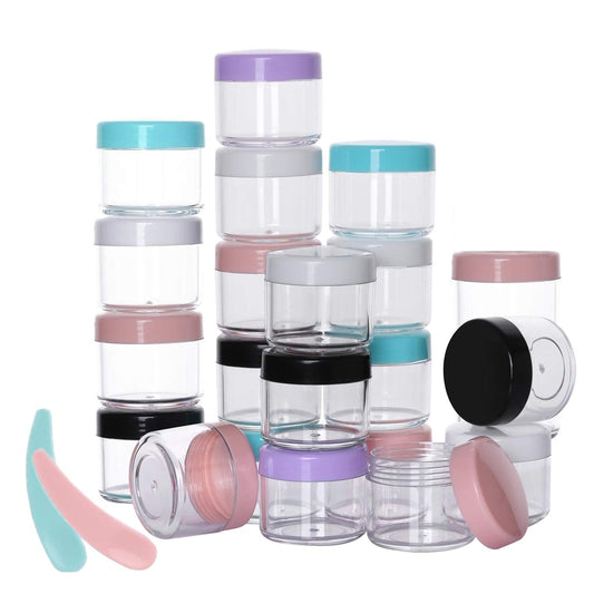 Refillable Cosmetic Sample Jars - 100 Pack 20g (0.7oz) Milti Color Small Travel Containers with Lids + 10 Mini Makeup Spatulas - BPA Free-BrightBean Baby