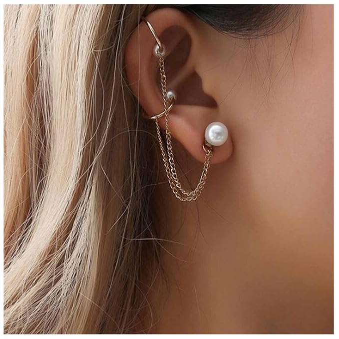 Vintage Pearl Cuff Chain Earrings Gold Chain Ear Cuffs Dangle Chain Cartilage Earrings Pearl Studs Earrings Cartilage Helix Earrings Helix to Lobe chain earrings Jewelry for Women and Girls (Gold A)-BrightBean Baby