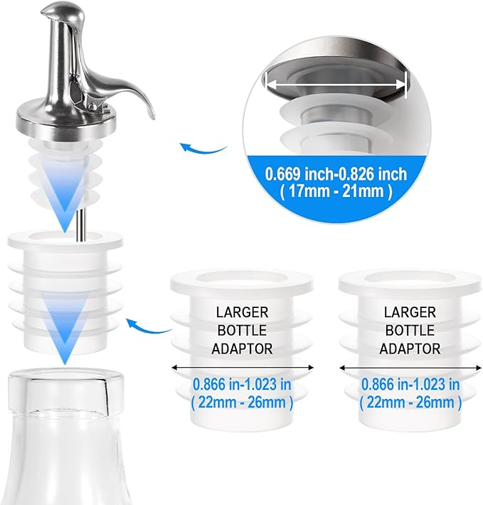 3-in-1 Liquor Bottle Pourers with Speed Spouts, Automatic Sealing Spout with Built-in Caps - Dishwasher Safe, Alcohol Speed Spouts - 2PCs with 2 Adapters (Glossy version)