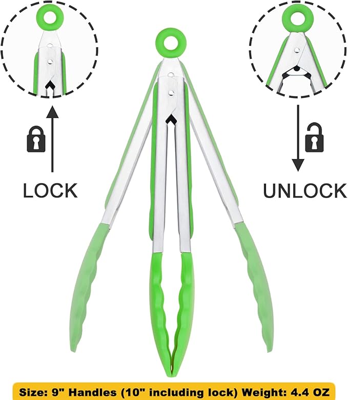 Silicone Tongs 9-Inch Stainless Steel Locking Kitchen Tongs, Set of 3 (Green)