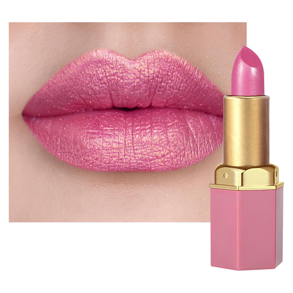 Pink Purple Metallic Lipstick for Women,Lightweight Shimmer Frosted Lipstick,Glitter Lip Gloss Stain Long Lasting Waterproof Smudge Proof 24 Hour Full Coverage Lip Makeup,Vegan-BrightBean Baby