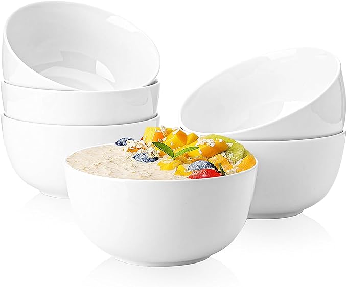 Sweese 20 Oz Porcelain Bowls Set of 6 - Durable for Cereal, Soup, Rice, Pasta, Salad, Oatmeal - Microwave Dishwasher Safe, White