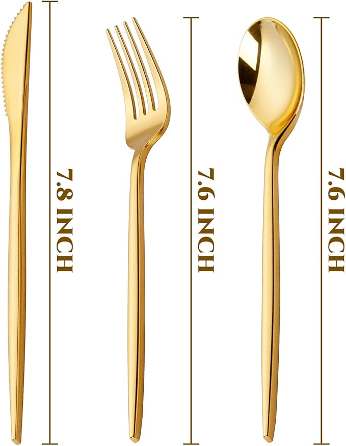 PULOTE 300PCS Gold Plastic Silverware Set Disposable - Heavy Duty Gold Utensils Set - Plastic Cutlery Disposable - Include 100 Knives, 100 Forks, 100 Spoons for Party & Wedding