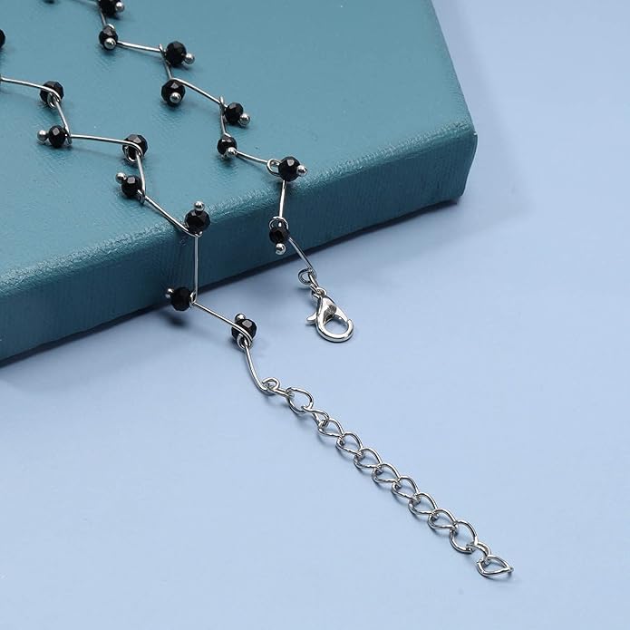 Black Crystal Choker Necklace Short Black Beaded Choker Necklace Silver Chain Necklace Minimalist Necklace Jewelry for Women and Girls-BrightBean Baby