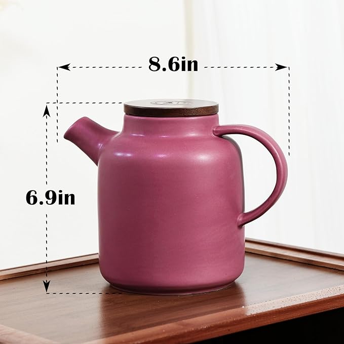Yundu 1500ml / 50 oz Ceramic Teapot with Infuser & Wood Lid - Matte Purple, Loose Leaf Tea Pot with Removable Strainer, Large Capacity