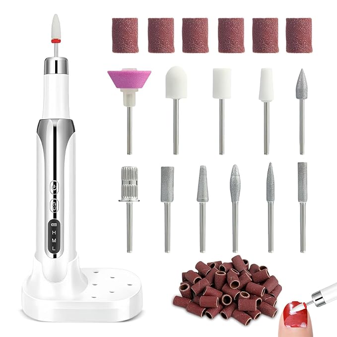 Electric Nail Drill File Cordless,Portable Rechargeable Nail File Kit for Acrylic & Gel Nails,Professional Efile for Manicure Pedicure Polishing,with 12 Nail Drill Bits 31 Sanding Bands,White-BrightBean Baby