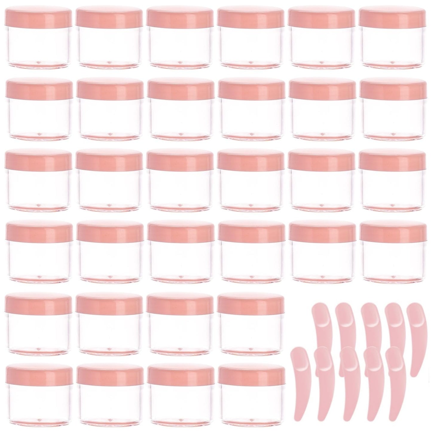 Refillable Cosmetic Sample Jars - 100 Pack 20g (0.7oz) Pink Small Travel Containers with Lids + 10 Mini Makeup Spatulas - BPA Free-BrightBean Baby