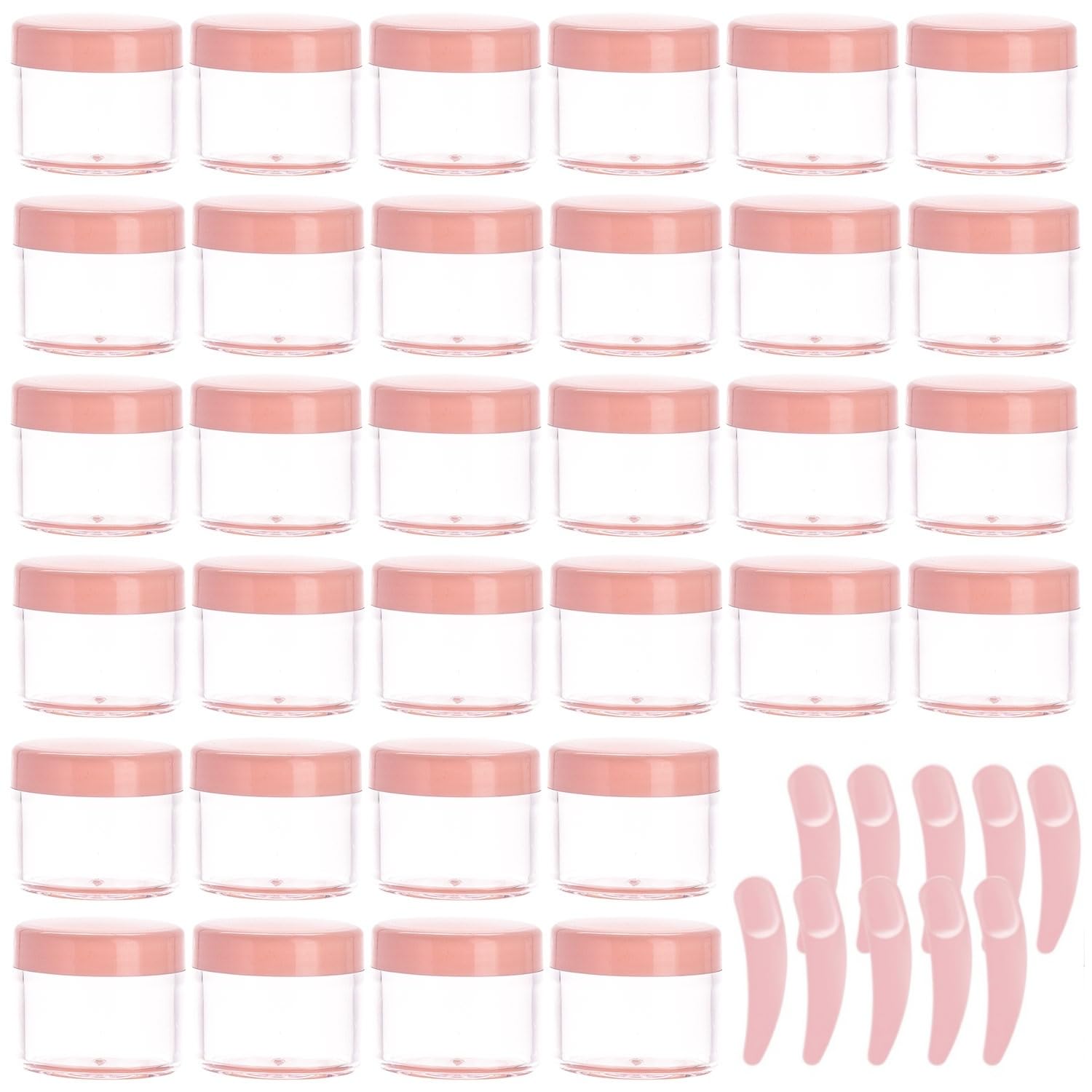 Refillable Cosmetic Sample Jars - 100 Pack 20g (0.7oz) Pink Small Travel Containers with Lids + 10 Mini Makeup Spatulas - BPA Free-BrightBean Baby