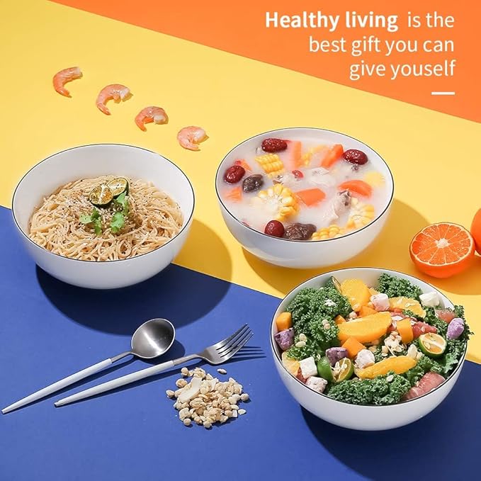 NJCHARMS Large Serving Bowls, 8'' Big Soup Bowl 60OZ Set of 3, White Ceramic Bowl for Kitchen, Pho Bowl for Pasta, Ramen, Soup, Fruit Vegetable, Microwave & Dishwasher Safe