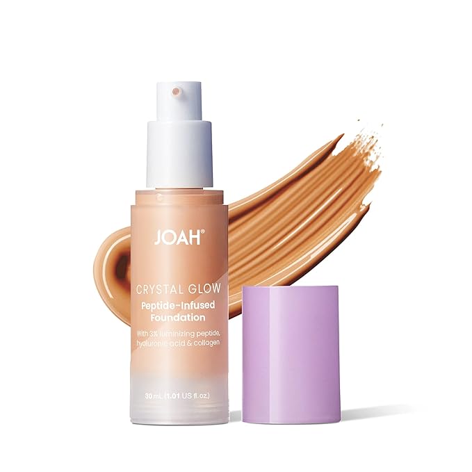 JOAH Crystal Glow Peptide-Infused Foundation, 2-in-1 Multitasking Korean Makeup with Blurring Face Primer, Luminizer, Hydration & Skin Defense for a Flawless Finish, 1.01 Oz, Light Medium Neutral-BrightBean Baby