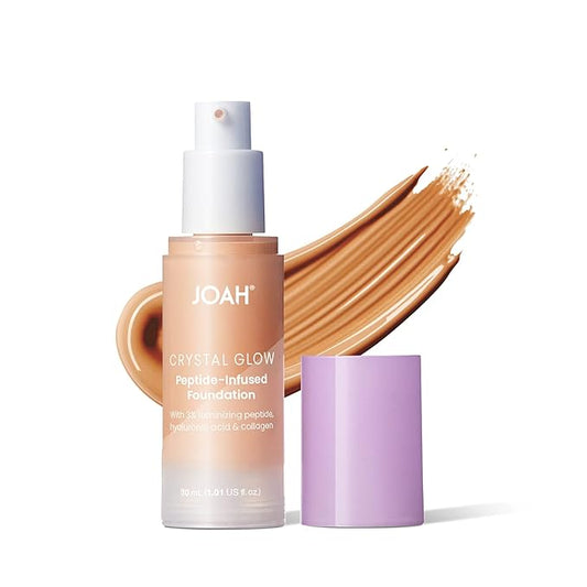 JOAH Crystal Glow Peptide-Infused Foundation, 2-in-1 Multitasking Korean Makeup with Blurring Face Primer, Luminizer, Hydration & Skin Defense for a Flawless Finish, 1.01 Oz, Light Medium Neutral-BrightBean Baby