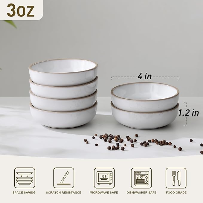 famiware Nature Ceramic Soy Sauce Dish, Dipping Bowls Set of 6, 3 oz Dipping Sauce Bowls/Dishes/Cups/Plates, Small Serving Bowls for Side Dishes, Condiments, Sushi, Appetizer, Dessert, Snowy White