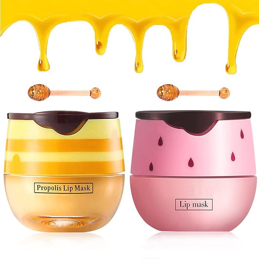 2 PCS Bee Lip Balm Lip Mask Honey Pot, Honey & Strawberry Lip Mask Propolis Moisturizing Lip Balm with Stick - Hydrating Prevention Dry and Cracked Lip Scrubs Exfoliato Lip Wrinkle Care-BrightBean Baby