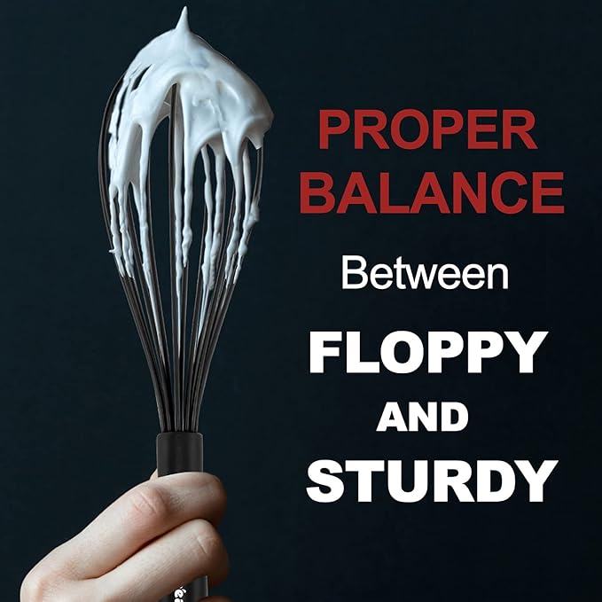 Anaeat Silicone Kitchen Whisk Set of 4, Perfect for Non-Stick Cookware, Egg Beater Milk Blender for Whisking, Cooking, Baking, Beating - 11'' Flat Whisk and 8.5''+10.5''+12'' Balloon Whisks (Black)