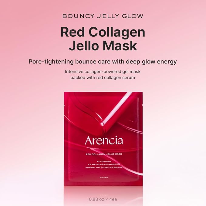 Red Collagen Jello Mask, Plump & Hydrating x 4ea, Overnight Hydrogel Mask for Dry, Mature Skin, Packed with Collagen, 5 Peptides, 2% Niacinamide-BrightBean Baby