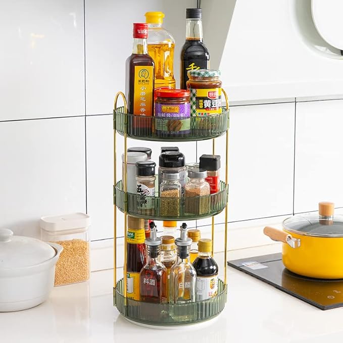 Makeup Organizer for Vanity, 360° Rotating Bathroom Organizer Countertop, High-Capacity Skincare Organizer, Spinning Cosmetics Organizer for Dresser Countertop (3 Tiers, Green)-BrightBean Baby