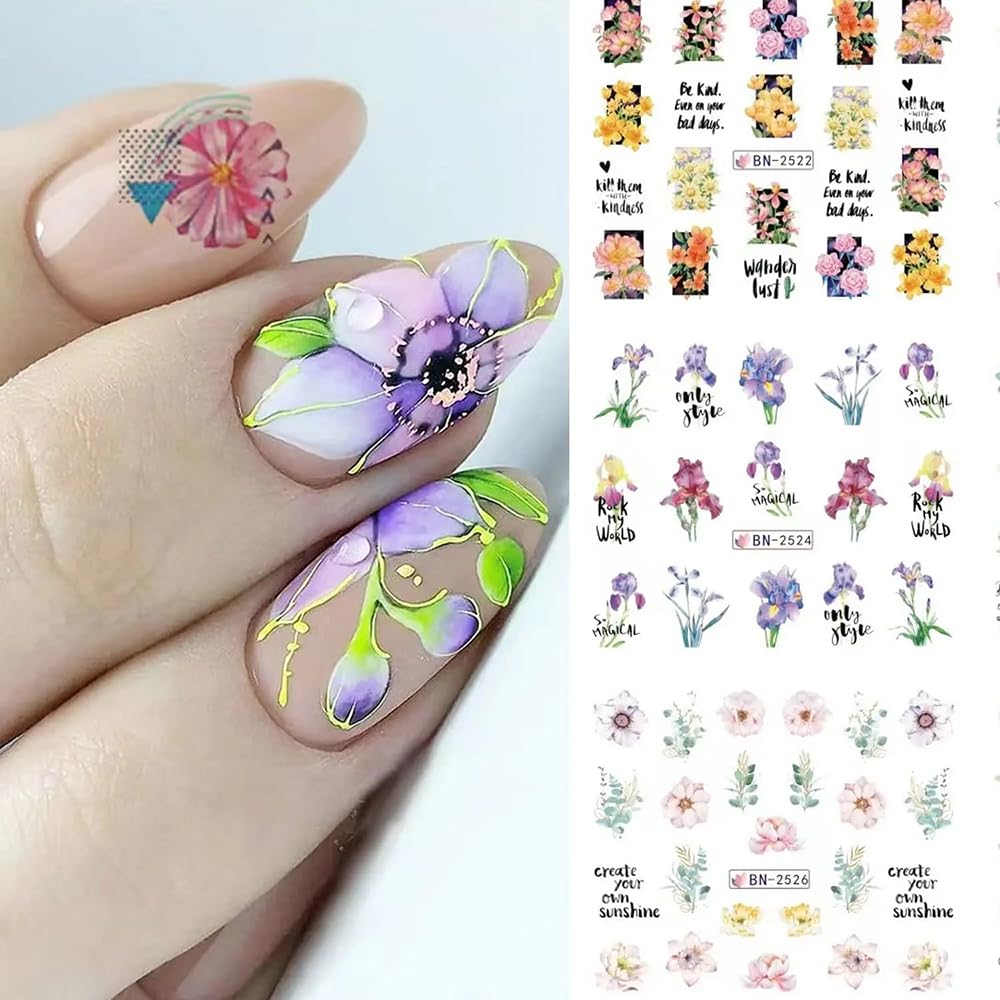 12 Sheets Flower Water Transfer Nail Stickers Purple Fresh Flower Nail Art Decals with Assorted Pattern Blossom Floral Butterfly Dragonfly DIY Nail Art supplies for Women Nail Decorations Manicure Tip-BrightBean Baby