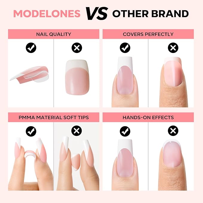 modelones French Tip Press on Nails, 150Pcs Long Square Fake Nails with Nail Box, Pink & White Gel Nail Tips for Women, Soft Glue-On Nails for Natural Salon Look, DIY Nail Art Kit (15 Sizes)-BrightBean Baby