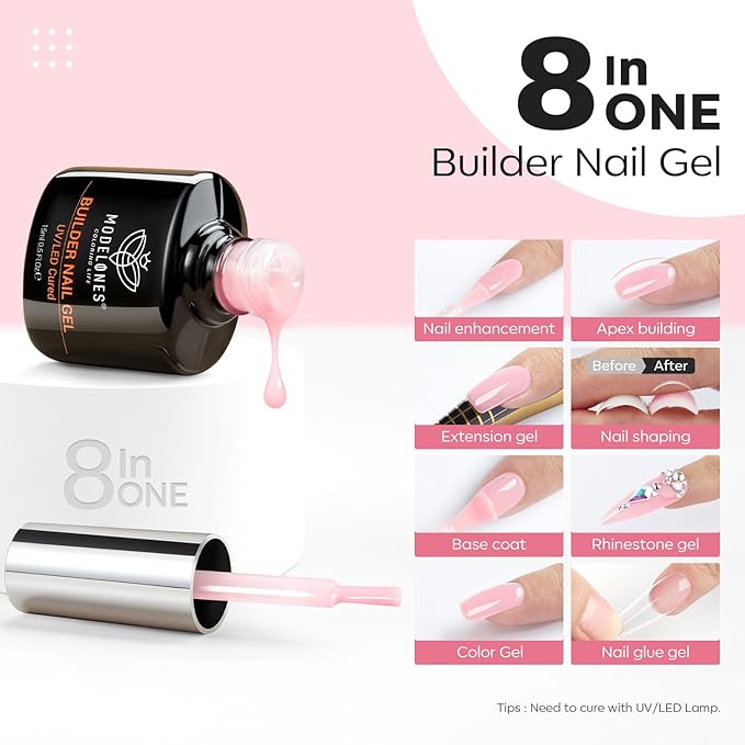 modelones Builder Nail Gel, 8-in-One Pink Builder for Nail Thickening, U/V LED Lamp Cured Hard Color Base Extension Rhinestone Tips Glue Gel Polish in a Bottle for DIY Home Manicure Women-BrightBean Baby