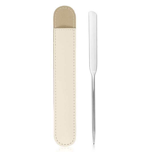 VOCOSTE 1 Set Stainless Steel Makeup Spatula, Liquid Foundation Spatula Tool with Faux Leather Case, Lipstick Nail Polish Mixing Palette Spatula, Beige-BrightBean Baby