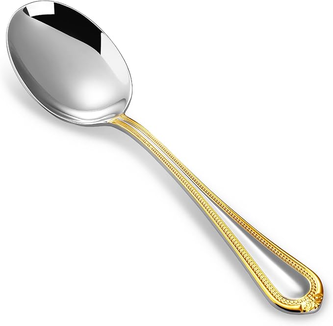 KEAWELL Pearl Edge 4-Piece Premium Spoon Set, 18/10 Stainless Steel, Fine Silverware Spoons with Refined Bead Design, Brightly Polished, Dishwasher Safe (Gold Accent, 6.3" Condiment Spoons)