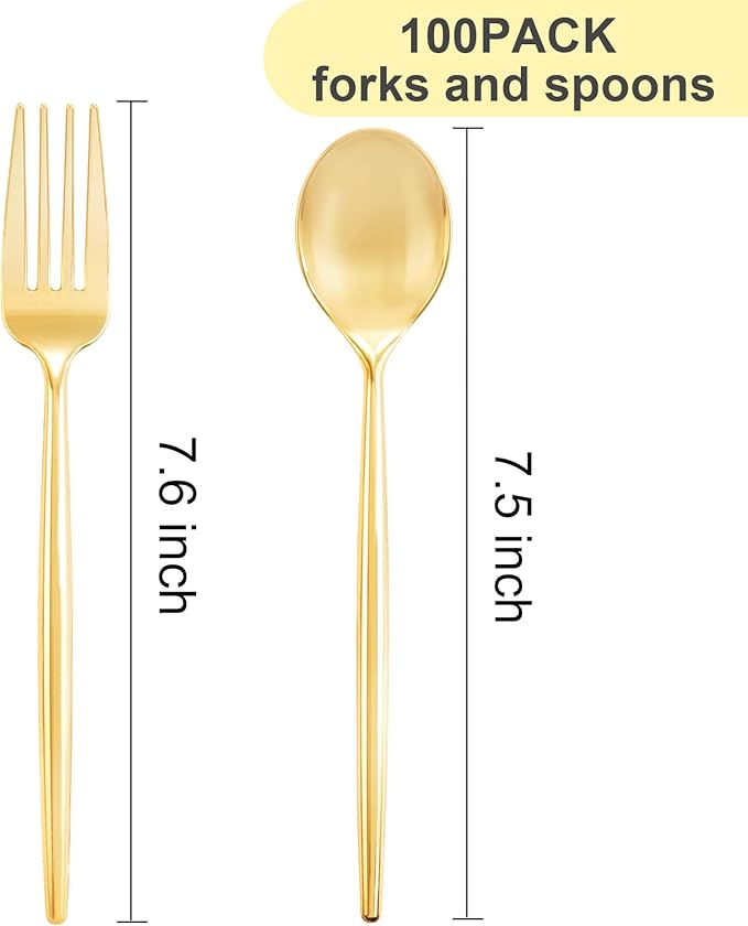 SUT 100PCS Gold Plastic Forks and Spoons Heavy Duty Set, Gold Disposable Silverware, Gold Cutlery, Gold Disposable Utensils, Plastic Flatware Includes 50 Forks, 50 Spoons for Party