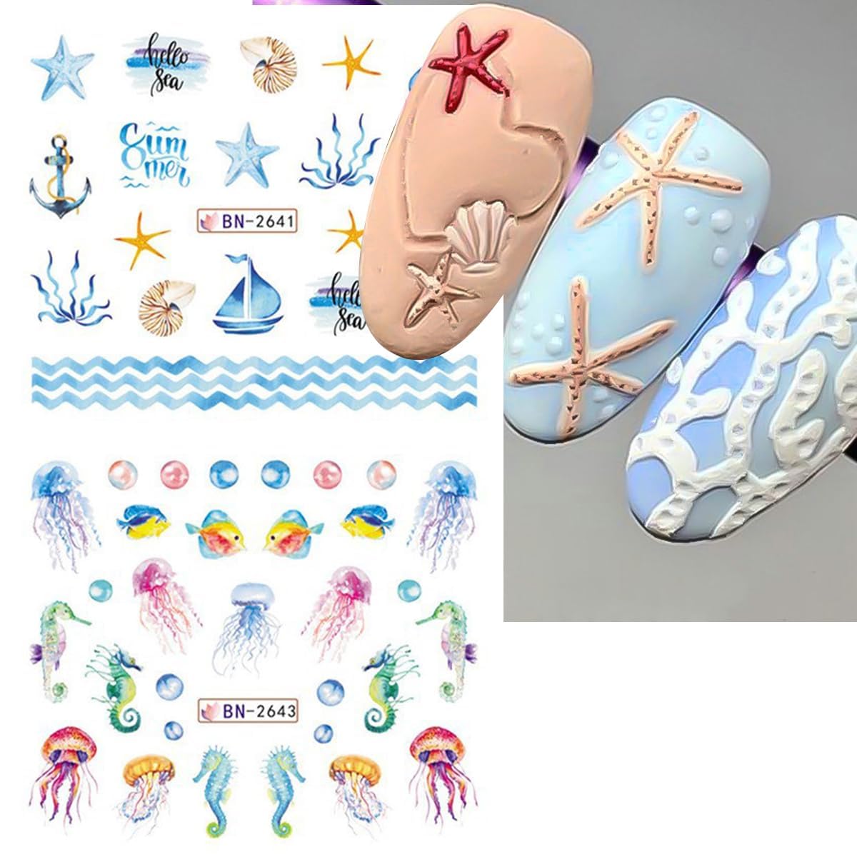 Summer Nail Art Stickers 12 Sheets Seashell Starfish Water Transfer Foils Decals Jellyfish Shells Sea Turtles Seahorses Design Acrylic Ocean Theme Supplies for Women DIY Decor-BrightBean Baby
